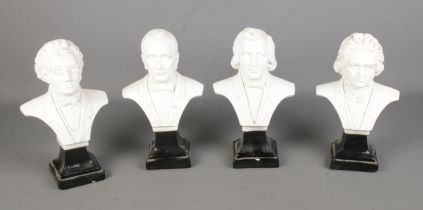 A collection of four plaster busts of F Chopin, F Schubert, L V Beethoven and G Puccini.