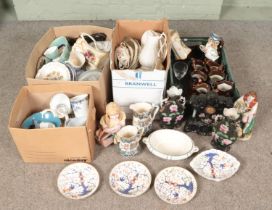 Four boxes of miscellaneous. Includes Victorian ceramics, pottery clock garniture, copper lustre