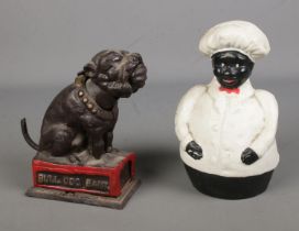 Two cast iron novelty money banks to include Bull Dog Bank and Chef examples.