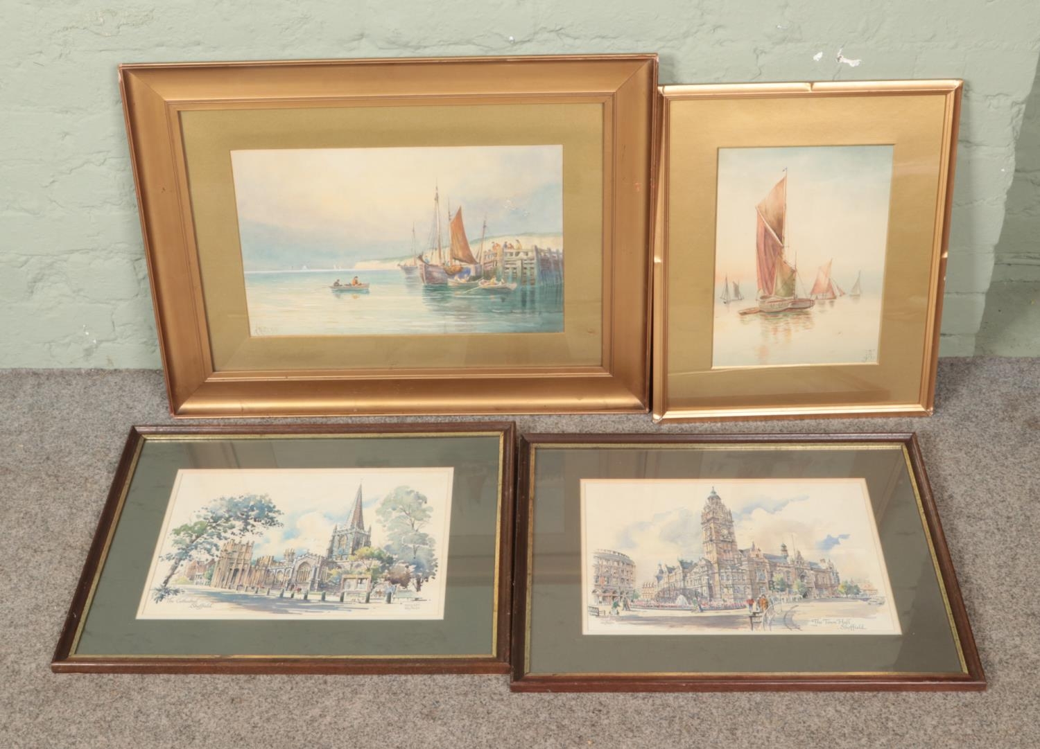 Four framed watercolours. Includes A. Walls seascape and Kenneth A. Bromley Landscapes of Sheffield,