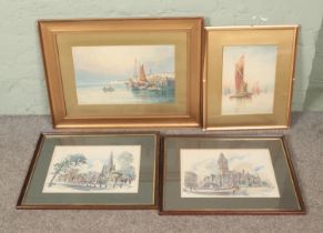 Four framed watercolours. Includes A. Walls seascape and Kenneth A. Bromley Landscapes of Sheffield,