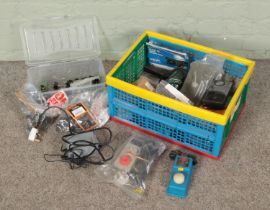 A box of assorted controller and electronics associated with model railway to include Gaugemaster