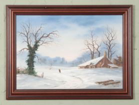 An oil on canvas depicting a winter countryside scene signed "Hardwick" for Ricky Hardwick. 78x58cm