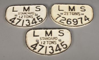 Three cast iron black on white LMS railway plates, including a pair with matching numbers; 471345.