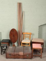 A quantity of mostly furniture. Includes snap top table, chairs, piano stool, travel trunk, etc.
