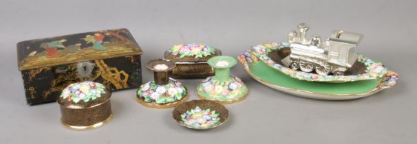A collection of assorted items, to include Tuscan China dressing table set, chromed money box and