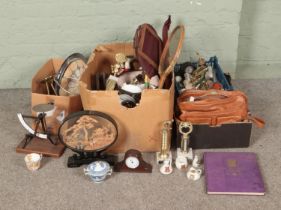Three boxes of miscellaneous to include light fittings, crested ware, vintage tennis rackets, etc.