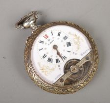 An open face Hebdomas style eight days pocket watch, with rowing scene to the back of the case.