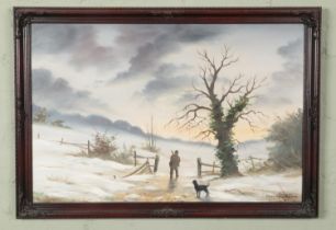 An oil on canvas depicting a hunter with dog in the countryside signed "Paul Chapman" 84x59cm