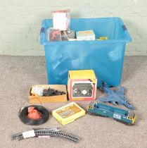 A large box of assorted model railway accessories and building supplies to include Hornby, Card
