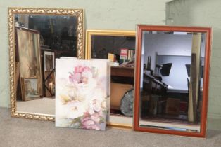 Three wall mirrors and canvas print. Includes ornate gilt framed example, etc.