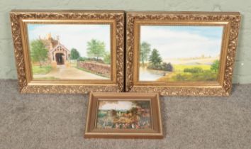 A pair of oil on boards depicting country scenes by K B Marshall together with another print.