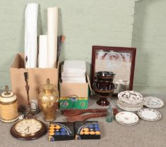 A quantity of miscellaneous. Includes posters, cabinet plates, etched Princess Diana mirror,