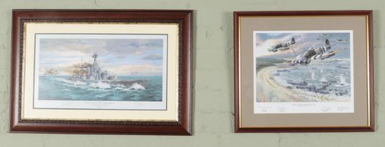 Two framed limited edition military signed prints. One by Simon Fisher titled 'H.M.S. HOOD The Final