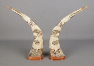 A pair of Chinese carved water buffalo horns depicting a dragon and pheonix, both set with glass