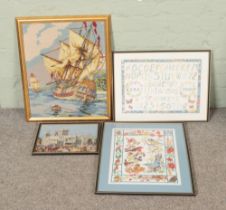 Four framed embroideries to include tapestry and cross stitch examples with subjects including