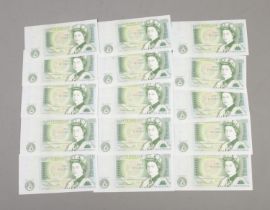 A sequential print run of fifteen Bank of England One Pound Notes. Codes CR40 773428-773442.