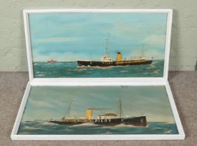 Two Peter Searle framed oils on board depicting sea studies of Humber river pilot boats painted from