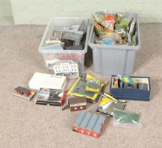 Two boxes of assorted model railway scenery, buildings and diorama supplies to include Hornby,