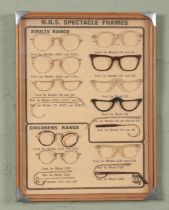 A vintage NHS Spectacle Frames display. Includes Adult and Children range. (45cm x 34cm)