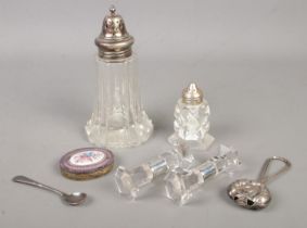 A collection of silver and silver plated mounted items, to include a pair of silver and glass