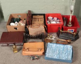 Four boxes of miscellaneous. Includes fire guards, briefcases, copper bugle, set of cut glass