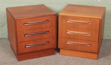 A pair of G Plan bedside tables with three drawers over plinth base. Height 52cm, Width 48.5cm,