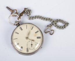 A silver open faced pocket watch hallmarked for London 1928 with white metal albert chain. With