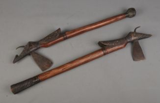 Two carved tribal throwing axes, with hooks to the back of the blades. CANNOT POST OVERSEAS. Length:
