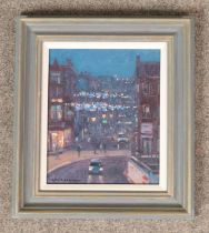 Chris Slater, an oil on canvas depicting Rotherham town centre titled "Christmas Light High