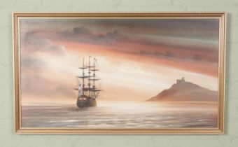 An oil on canvas depicting a ship sailing across the ocean signed "Hardwick" for Ricky Hardwick.