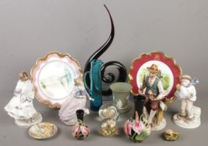 A box of mostly ceramics. Includes Coalport figure, Country Artists vase, Whitefriars jug,