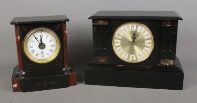 Two black slate mantle clocks, converted to quartz, to include Westclox example.