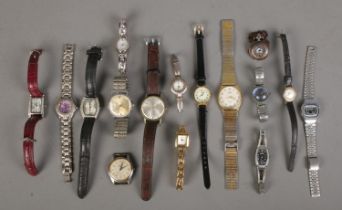 A quantity of wristwatches. Includes Roamer Brevete, Helsa, Timex, etc. Roamer missing crown.