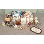 Four boxes of miscellaneous to include silver plate tea service, Toby jugs, art glass handbag,