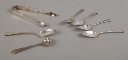 A quantity of assorted silver flatware, to include four George IV teaspoons, salt spoon and sugar