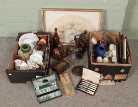 Two boxes of miscellaneous. Includes vintage bottles, bone china teawares, Art Deco style figures,