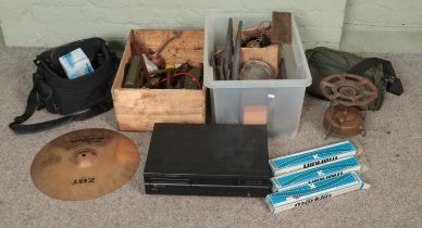 Two boxes of miscellaneous to include camping stove, cd player, Zildjian cymbal, Marklin model