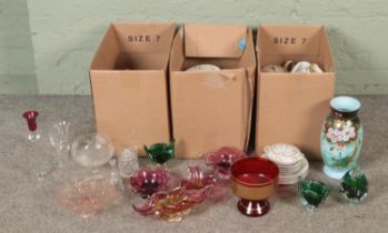 Three boxes of miscellaneous. Includes Noritake Rosanne dinner/teawares, Bohemian art glass, hand