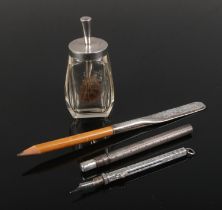 A collection of silver items. Includes combination propelling pencil and fountain pen, S.Mordan & Co