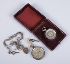 Two silver fob watches along with a white metal Albertina chain with silver locket. One watch