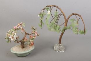 A nephrite jade and hardstone bonsai tree together with wirework and glass example