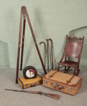 A quantity of miscellaneous. Includes rocking chair, suitcase, folding easel, Stiletto box, etc.