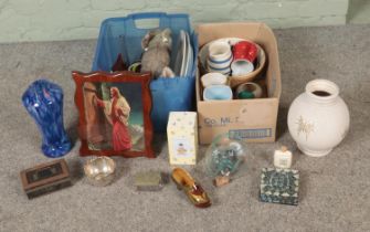 Two boxes of miscellaneous to include L. Fontinelle butterfly vase, mother of pearl coasters,