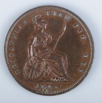 An 1841 Victorian copper penny featuring uncrowned young head to obverse and no colon after REG on