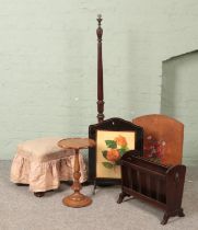 A collection of assorted furniture. Includes standard lamp, fire screens, magazine rack, small stool