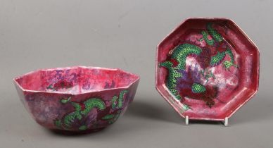 Two pieces of octagonal shaped Bursley Ware ceramics in the 'Dragon' design, with dragon motif and