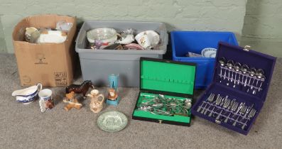 Three boxes of miscellaneous. Includes Beswick horse, Border Fine Art Comic & Curious Cats 'Speak
