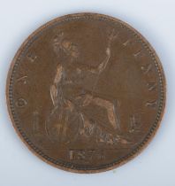 An 1876 Victorian penny, H in exergue. Featuring young bun head bust to obverse.