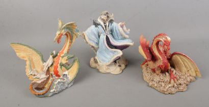 Three Enchantica figures including Mezereon high wizard of winter, Snarlgard Autumn dragon and